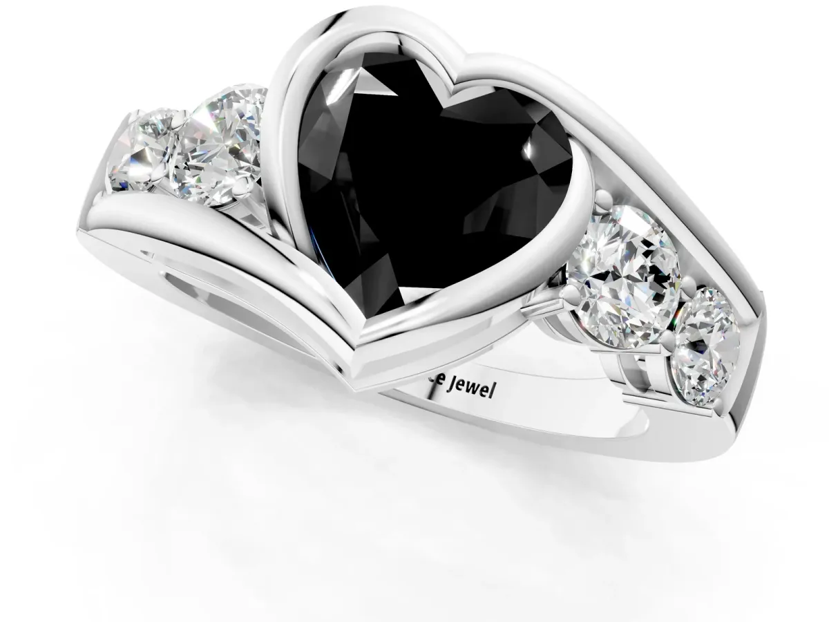 Fancy Black Bezel Set Heart Cut Diamond Bypass Ring with Round Accents Platinum