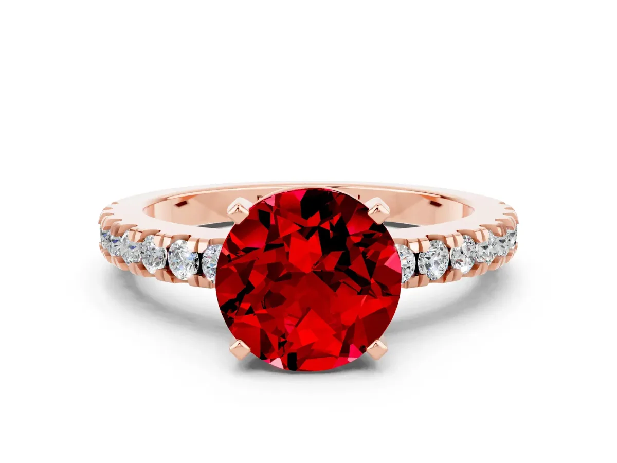 Round Cut Solitaire Ruby with Pavé Band and Four-Prong Setting Rose gold