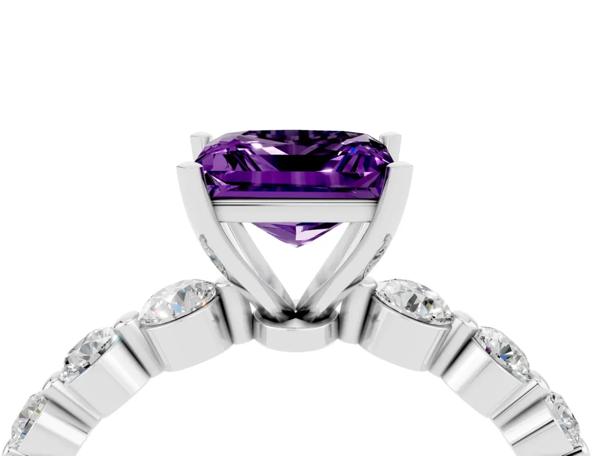 Princess Cut Solitaire Amethyst Ring with Pave Band and Four-Prong Setting Silver