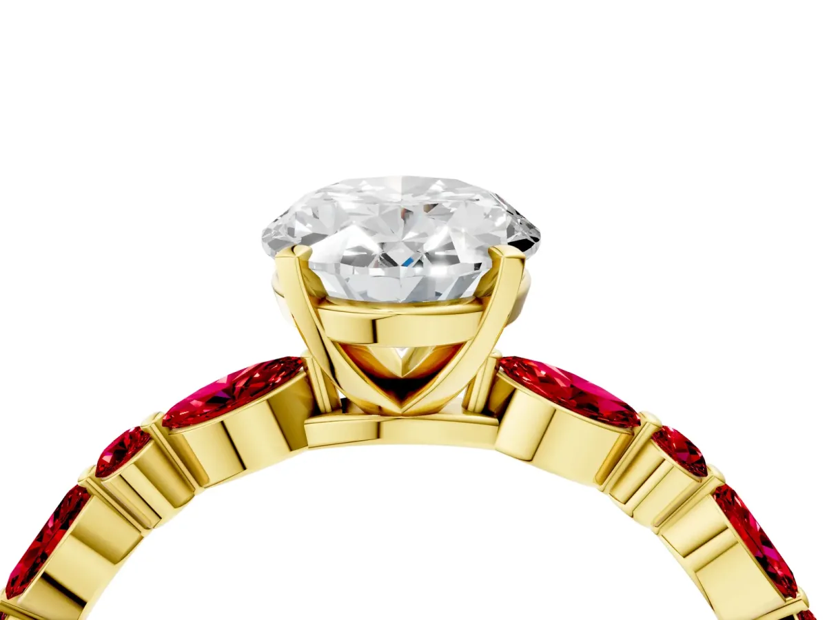 Oval Cut Diamond Ring with Marquise and Round Ruby Side Stones and Four-Prong Setting Yellow gold