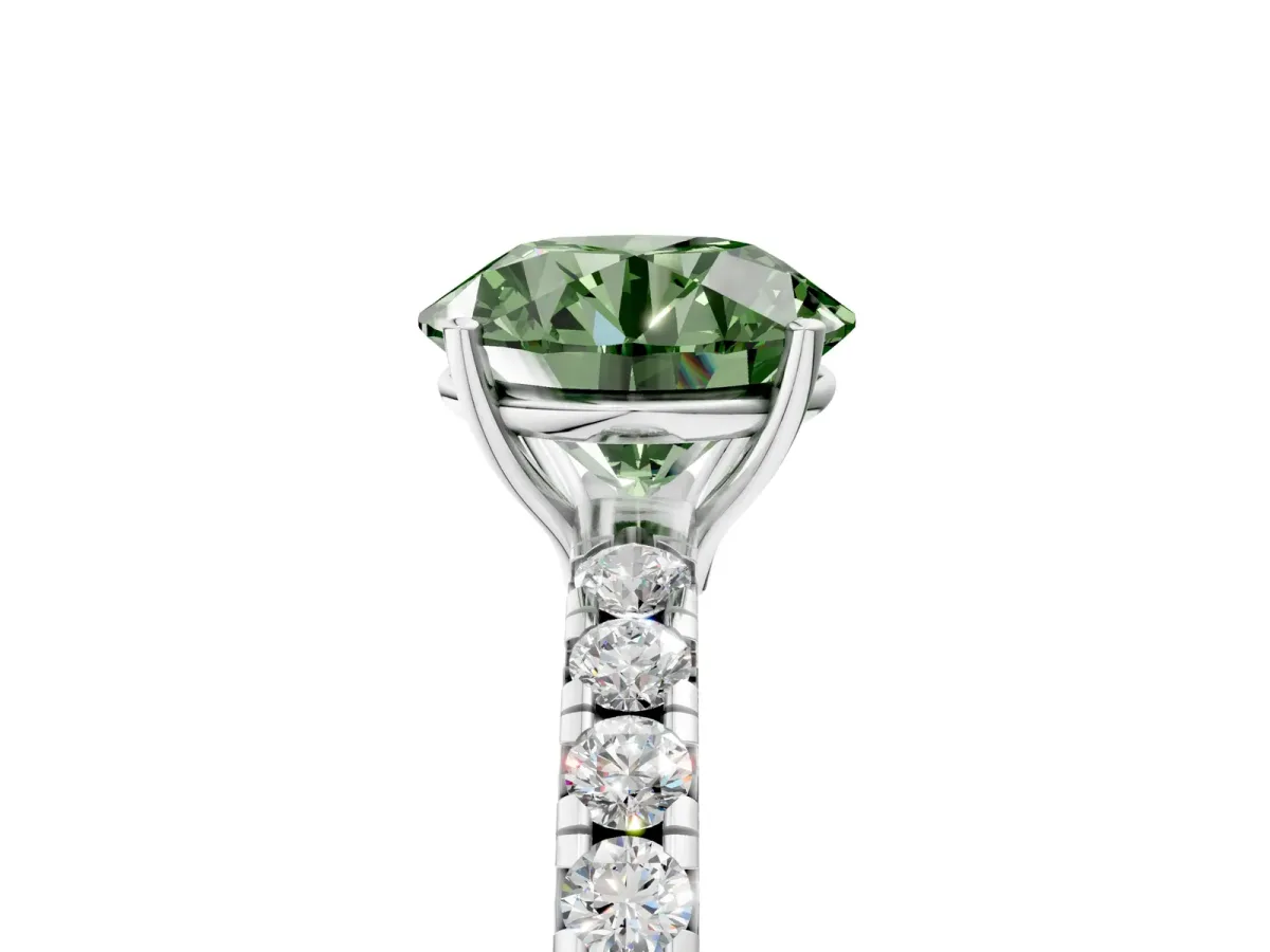 Fancy Green Round Cut Diamond Pavé Solitaire Engagement Ring with Four-Prong Setting Silver