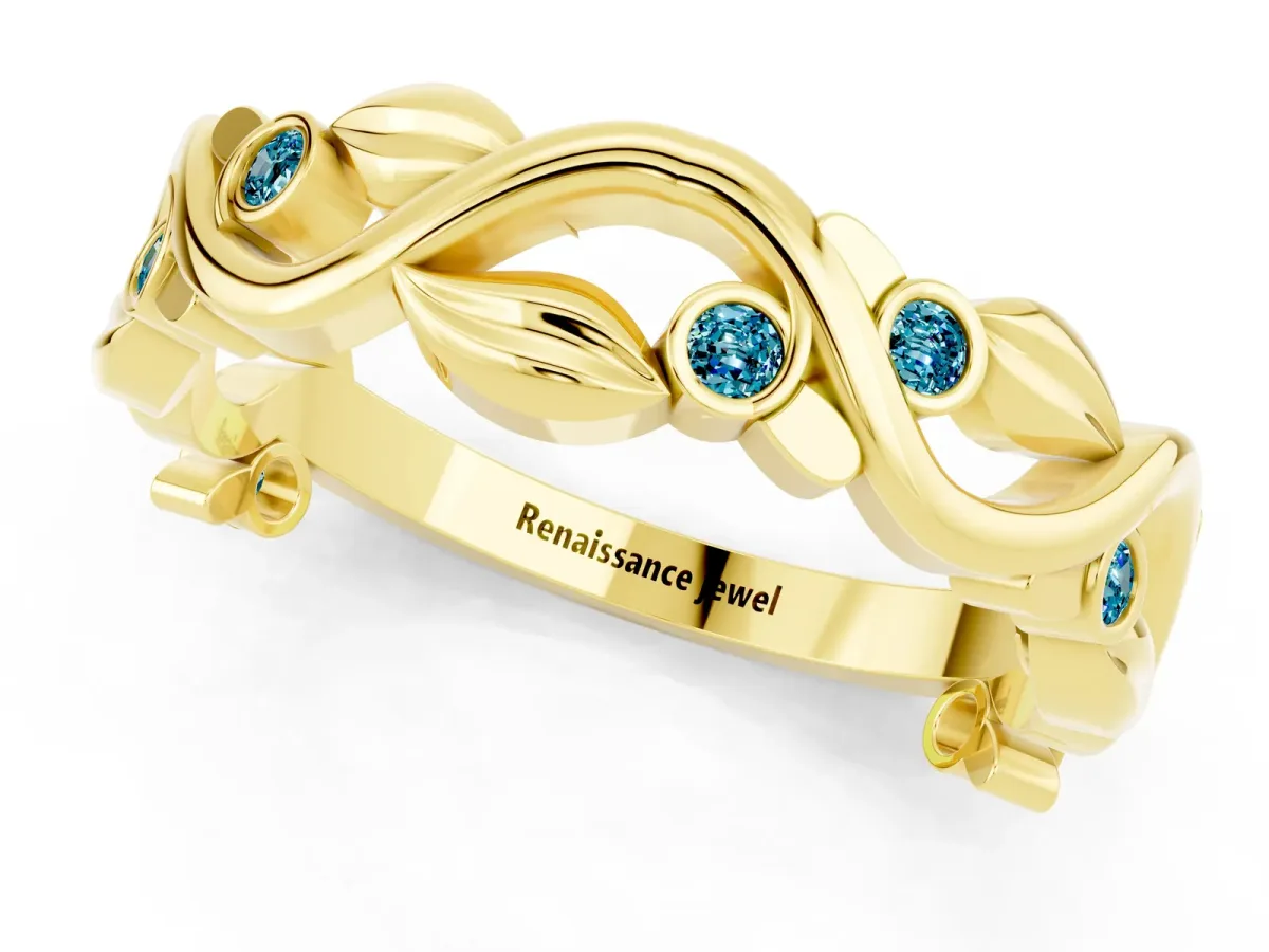 Round Blue Topaz Leaf Eternity Band with Bezel Setting Yellow gold