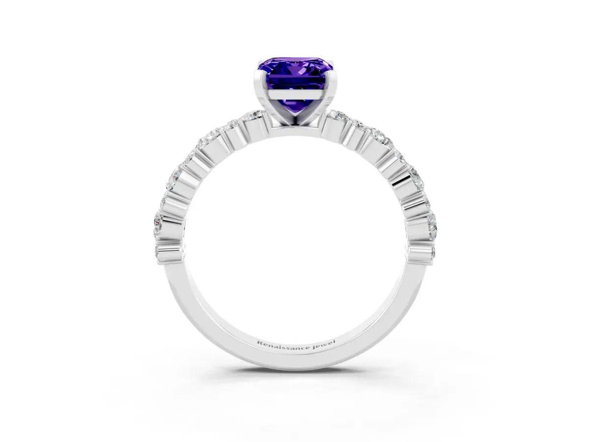 Emerald Cut Tanzanite Side Stone Solitaire Ring with Round and Four-Prong Setting White gold