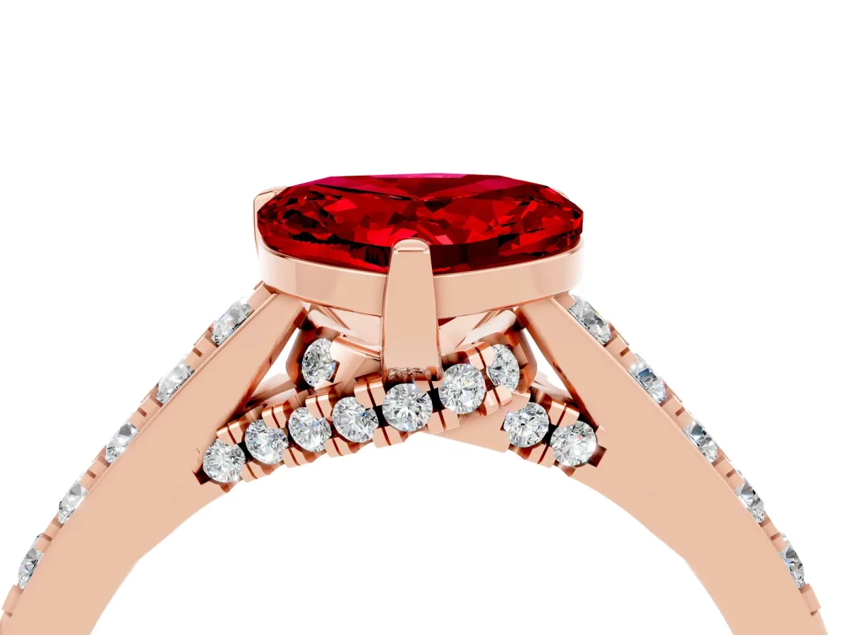 Heart Cut Ruby Solitaire Ring with Crossover Gallery and Round Pavé Band Rose gold