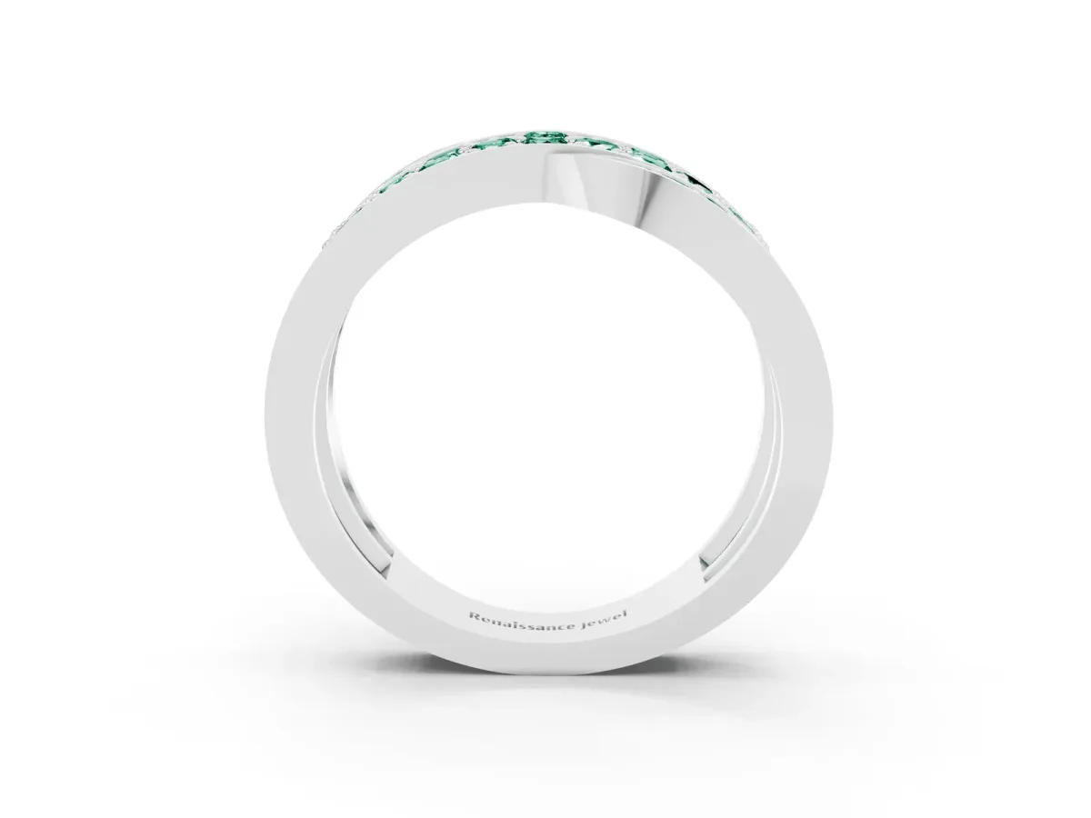 Pavé Round Green Sapphire Crossover Band with Bead Prong Setting Platinum