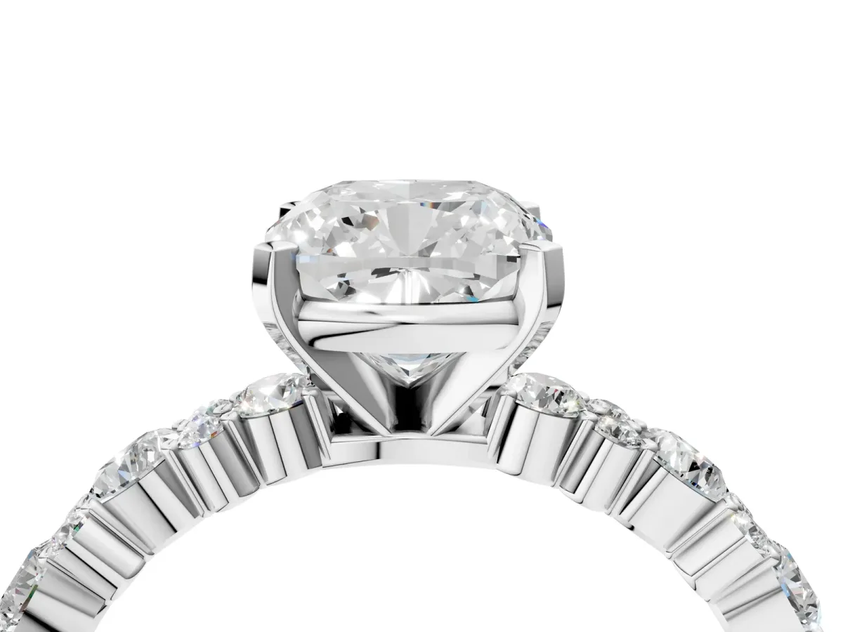 Cushion Cut Diamond Side Stone Solitaire Ring with Round and Four-Prong Setting White gold