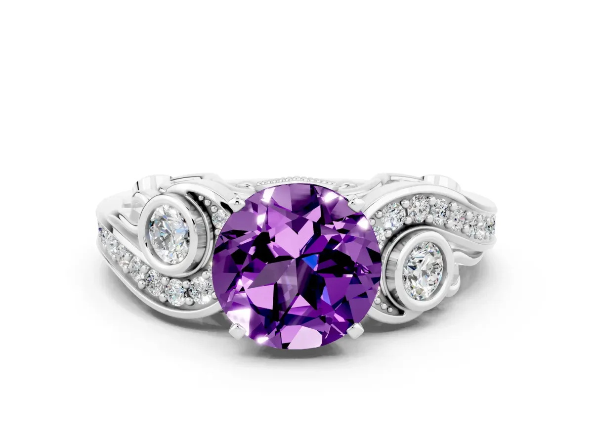 Round Cut Amethyst Solitaire Ring with Milgrain Pavé Band and Four-Prong Setting Silver
