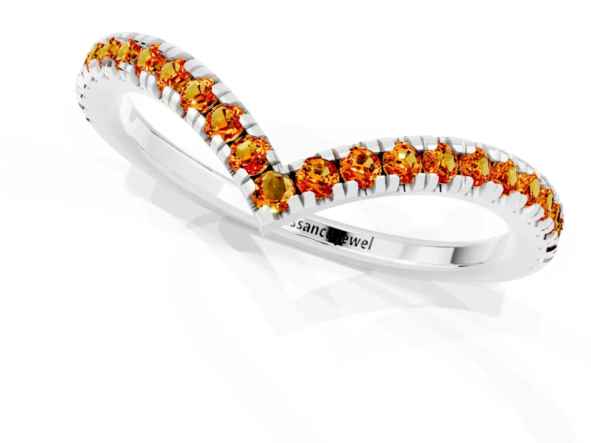 Pavé Round Citrine V-Shaped Chevron Band with Shared Prong Setting Platinum