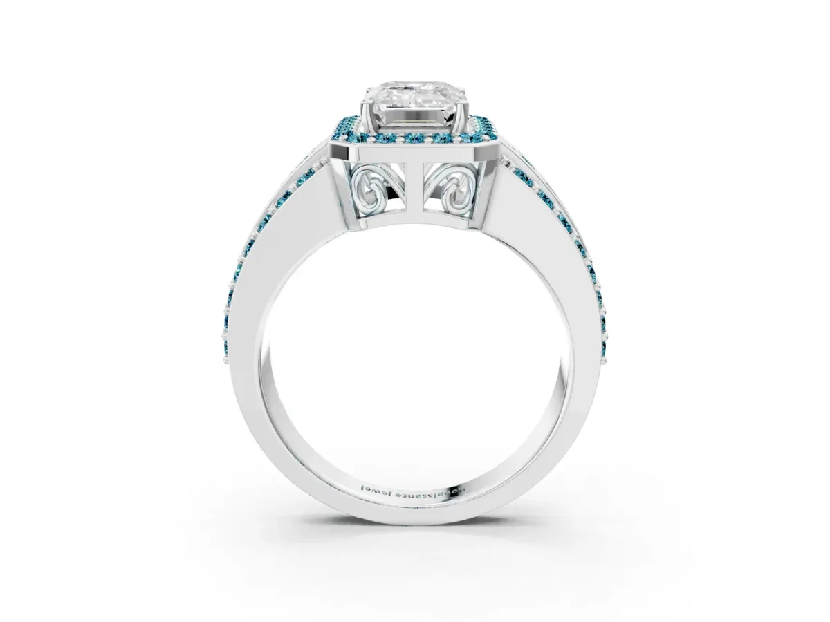 Emerald Cut Halo Diamond Ring with Round Blue Topaz Split Shank and Prong Setting Platinum