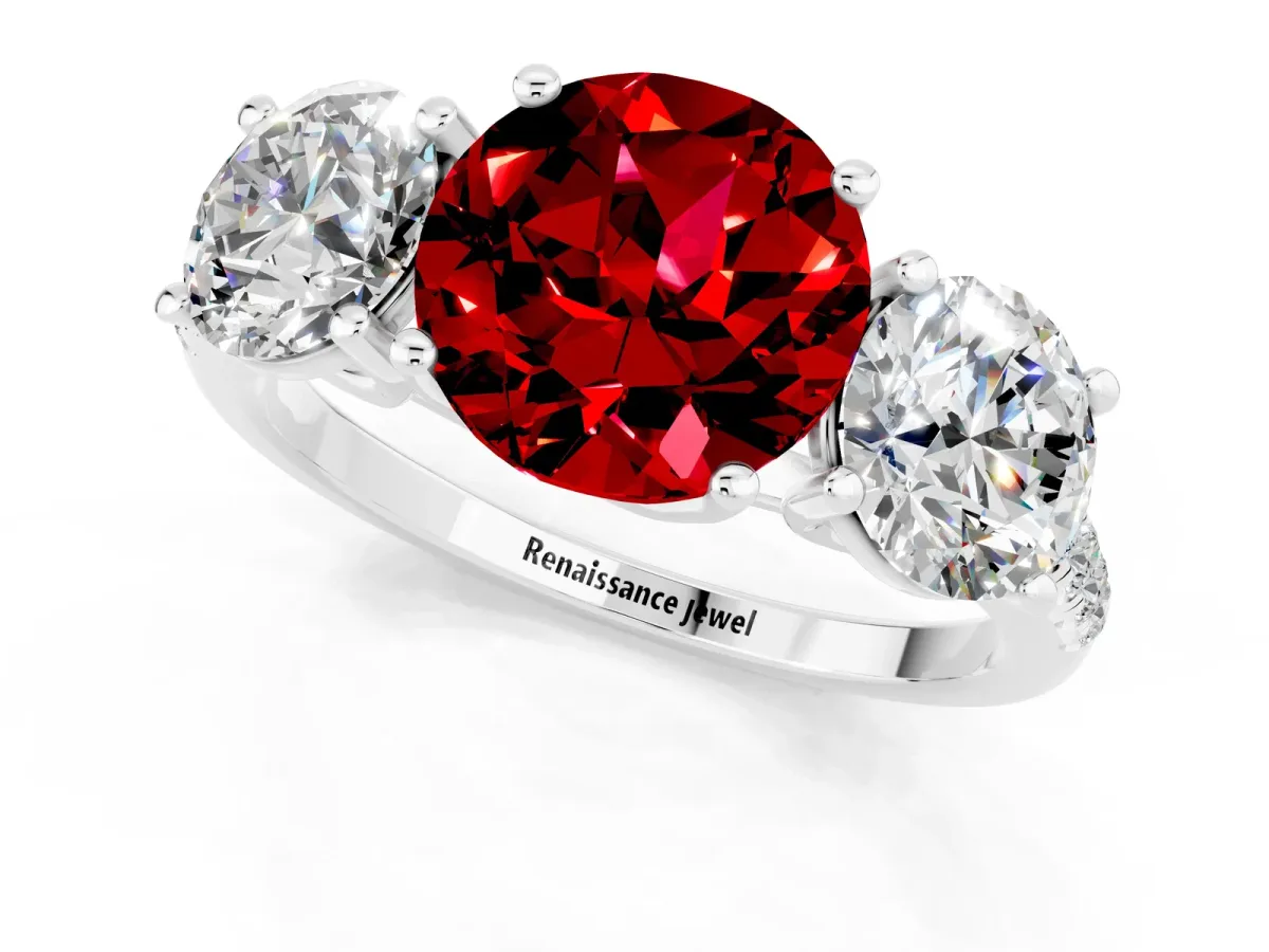 Three-Stone Round Cut Ruby Ring with Round Pavé Band and Prong Setting White gold