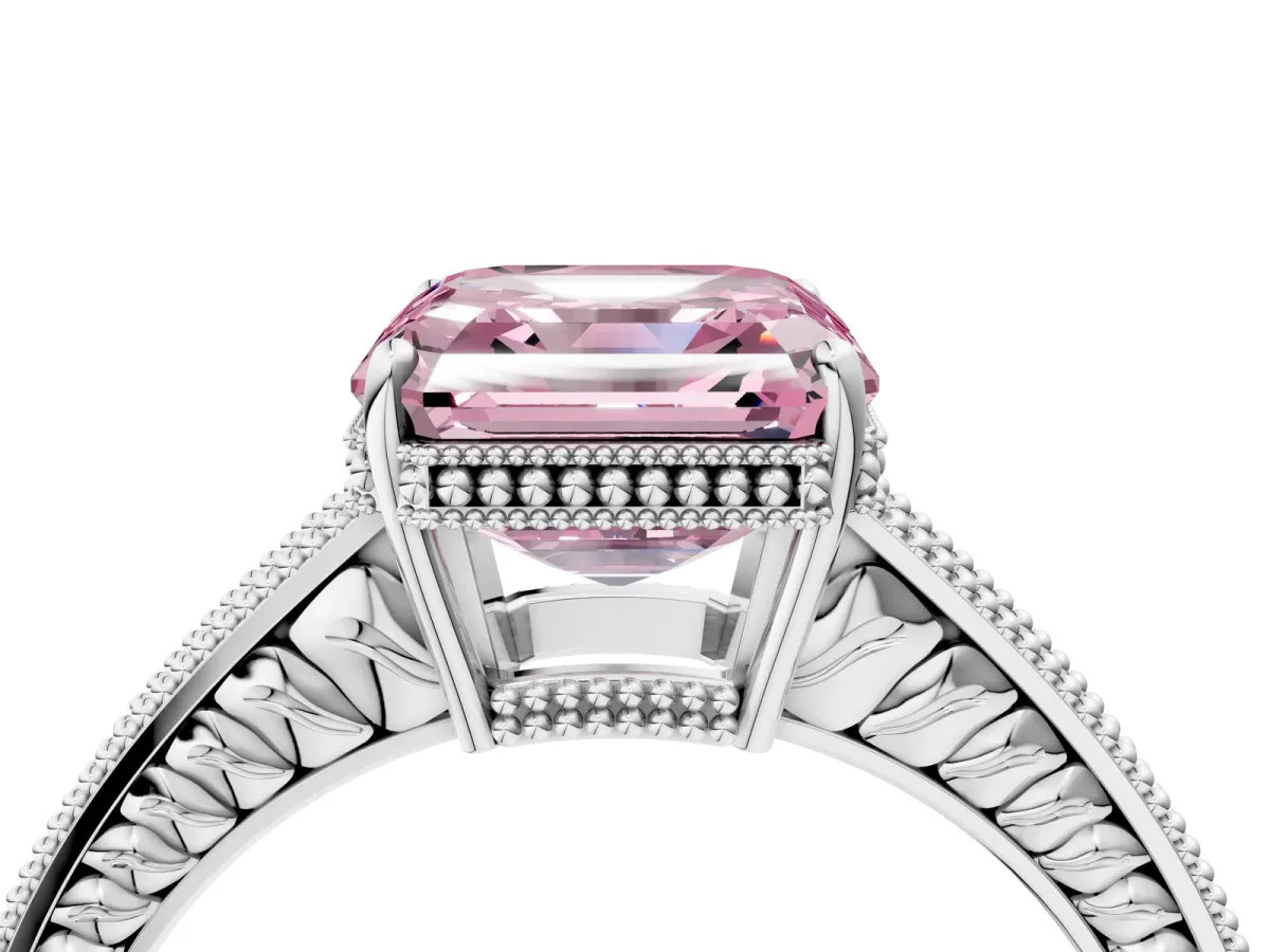 Fancy Pink Asscher Cut Cut Diamond Milgrain Pave Band Four-Prong Setting Ring Platinum