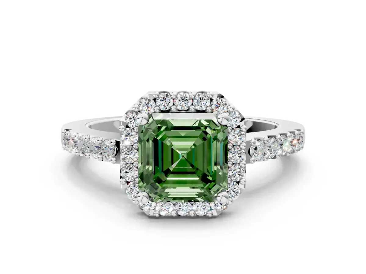 Fancy Green Asscher Cut Halo Diamond Pavé Solitaire Ring Platinum