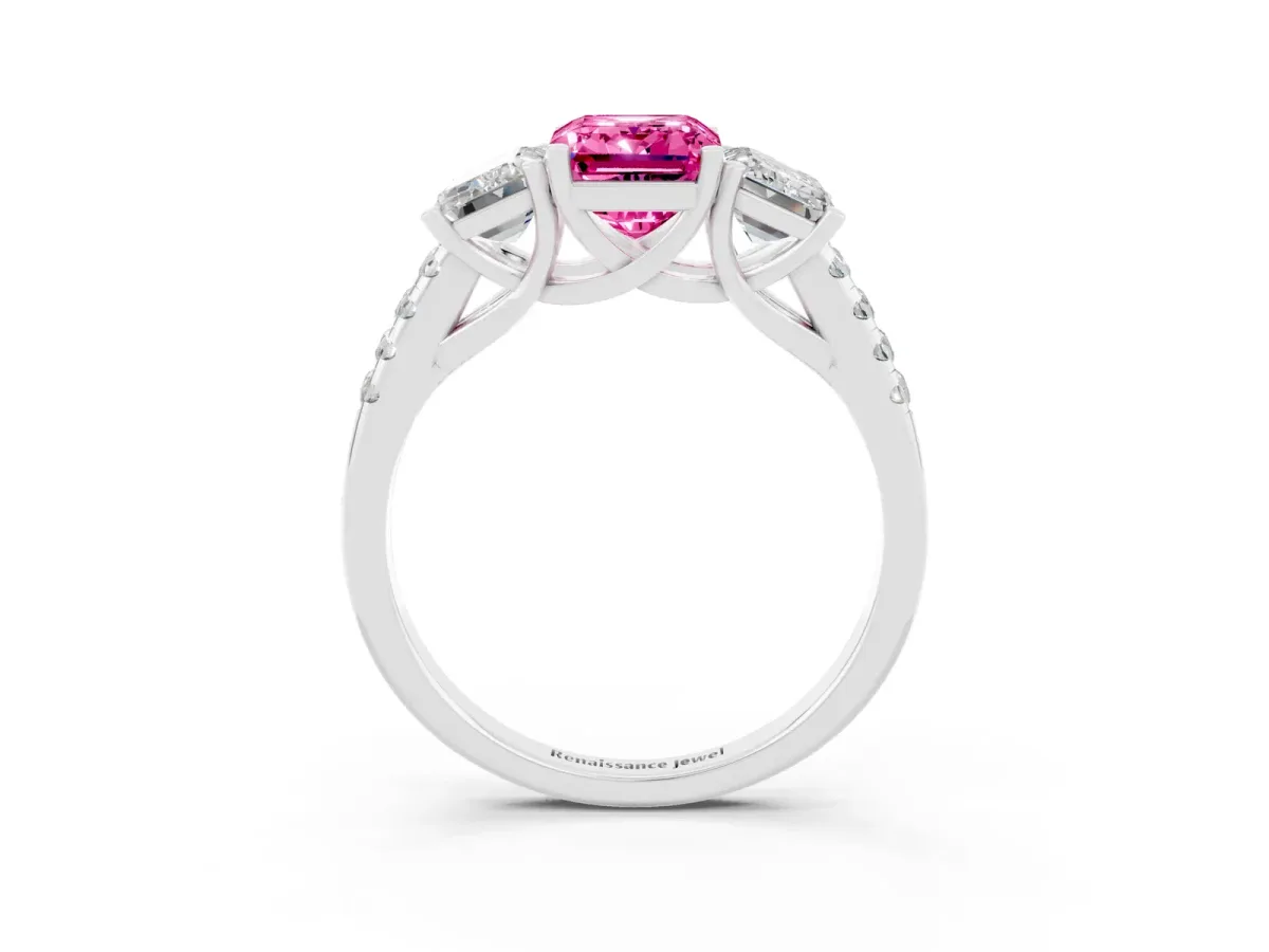Three-Stone Emerald Cut Pink Sapphire Ring with Round Pavé Band and Prong Setting Silver