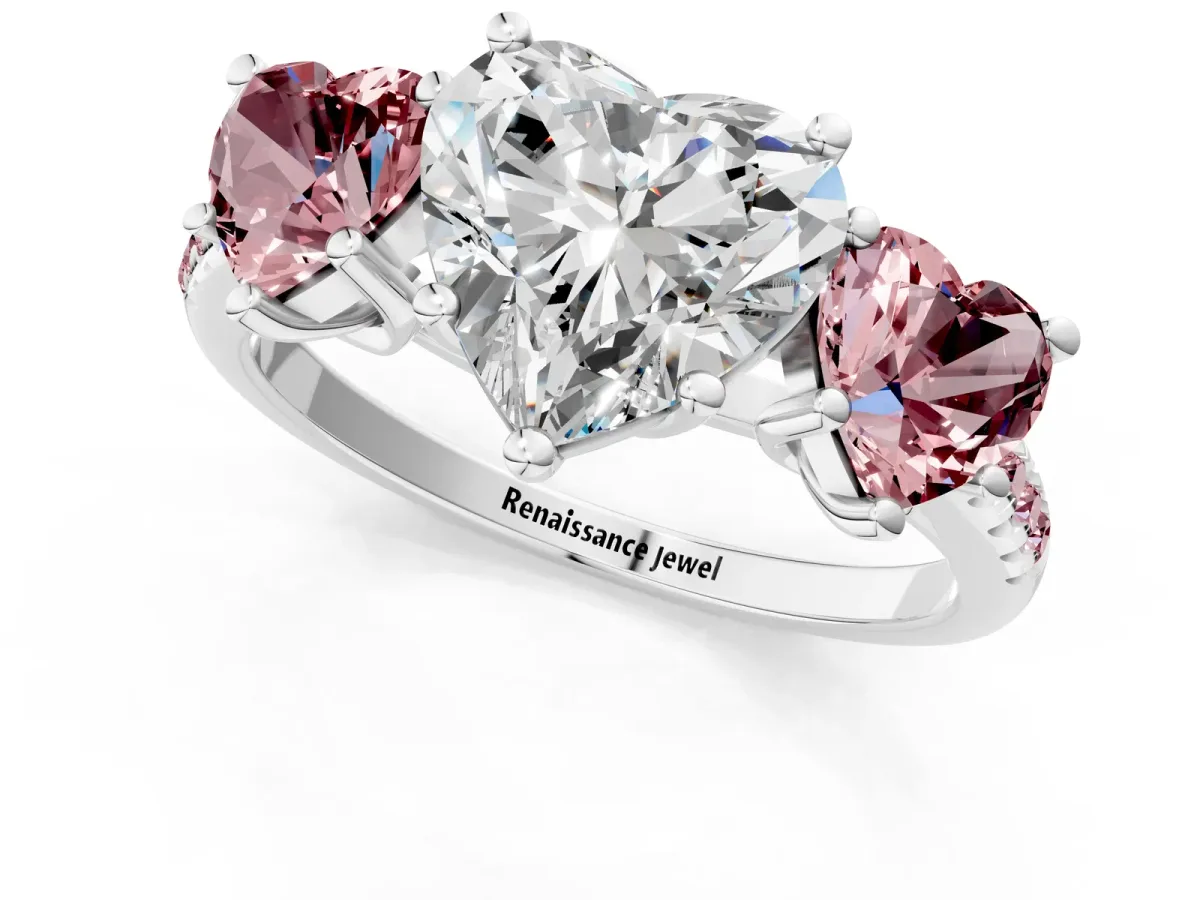 Three-Stone Heart Cut Diamond Ring with Round Morganite Pavé Band and Prong Setting Silver
