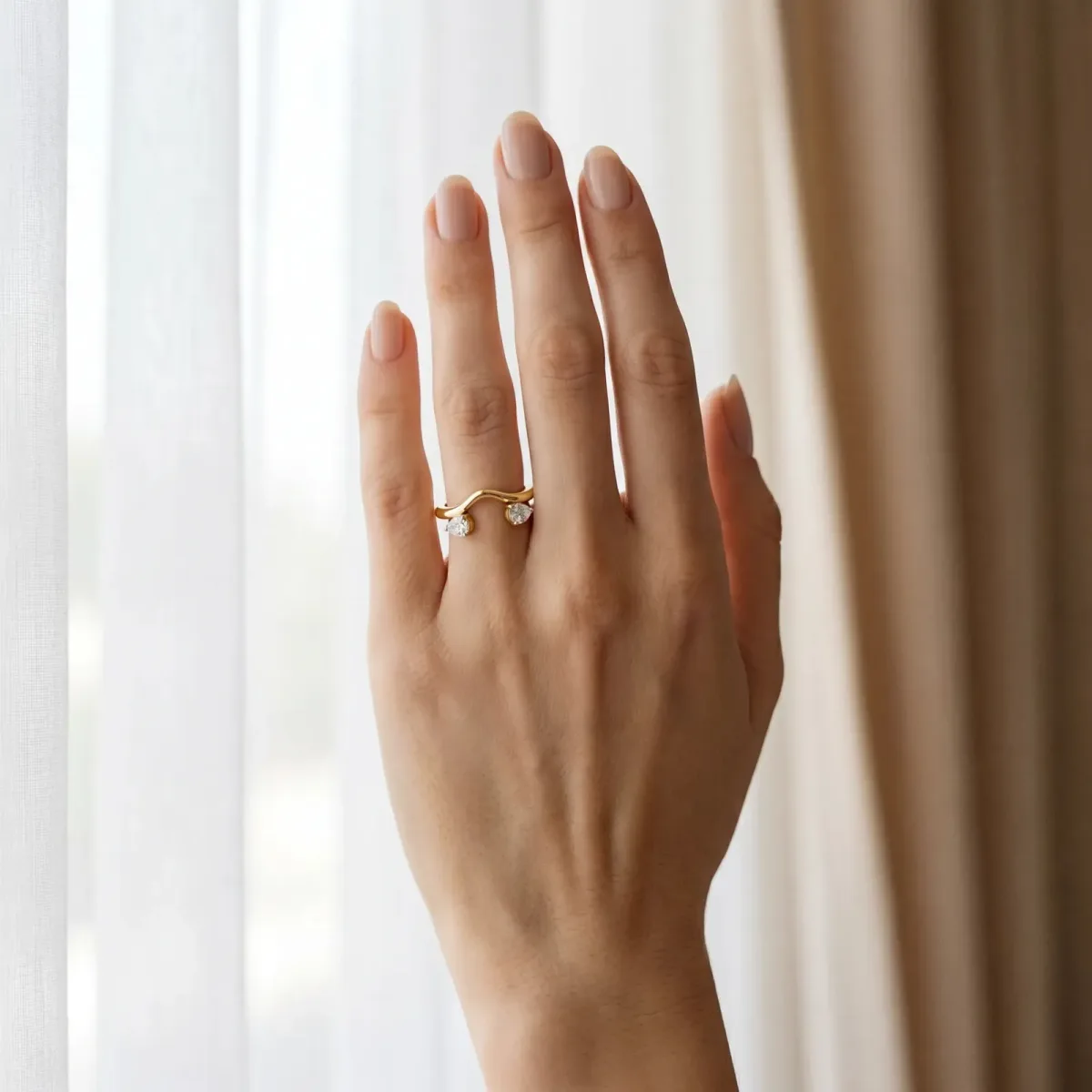 Pear Cut Diamond Two-Stone Open Band Ring with Prong Setting Yellow gold