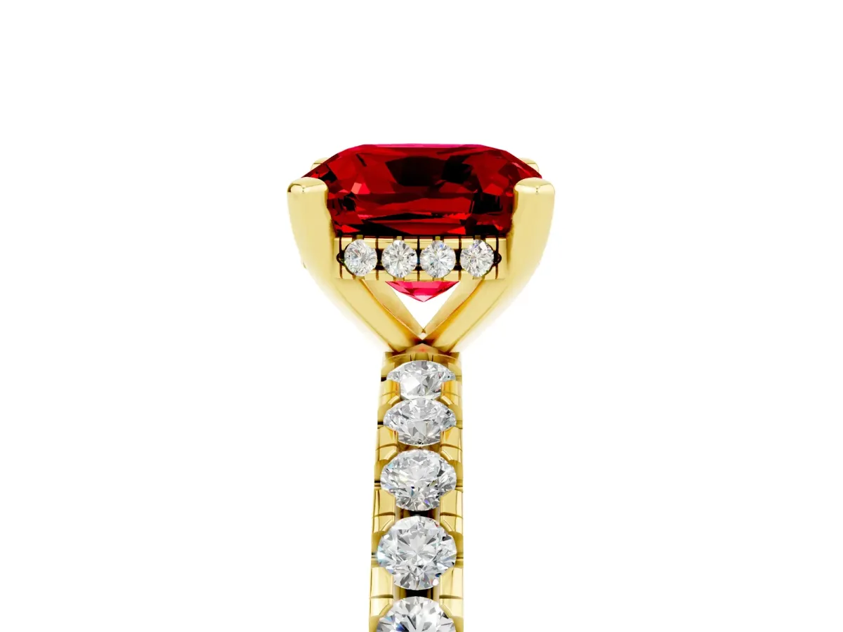 Cushion Cut Ruby Solitaire Ring with Round Pavé Band and Four-Prong Setting Yellow gold