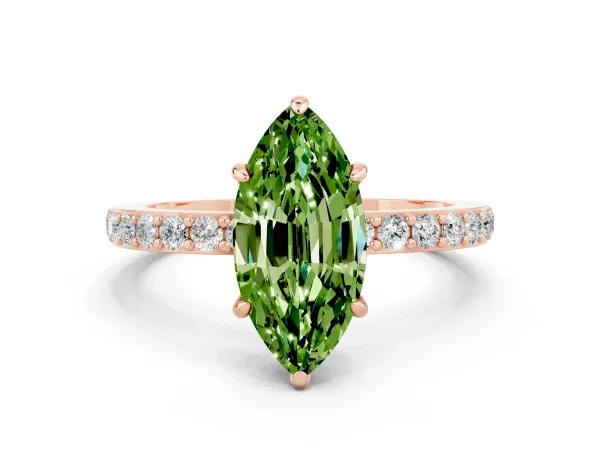 Marquise Cut Peridot Solitaire Engagement Ring with Pavé Band and Four-Prong Setting Rose gold
