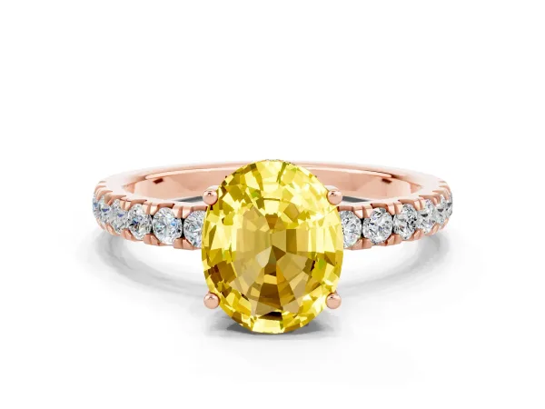 Oval Cut Yellow Sapphire Pave Band Solitaire Ring with Round and Prong Setting Rose gold