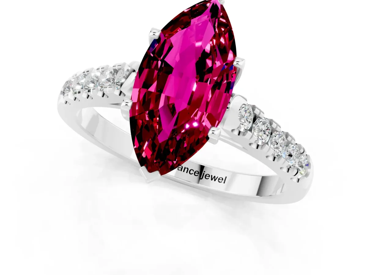 Marquise Cut Garnet Pavé Band Solitaire Ring with Prong Setting Silver