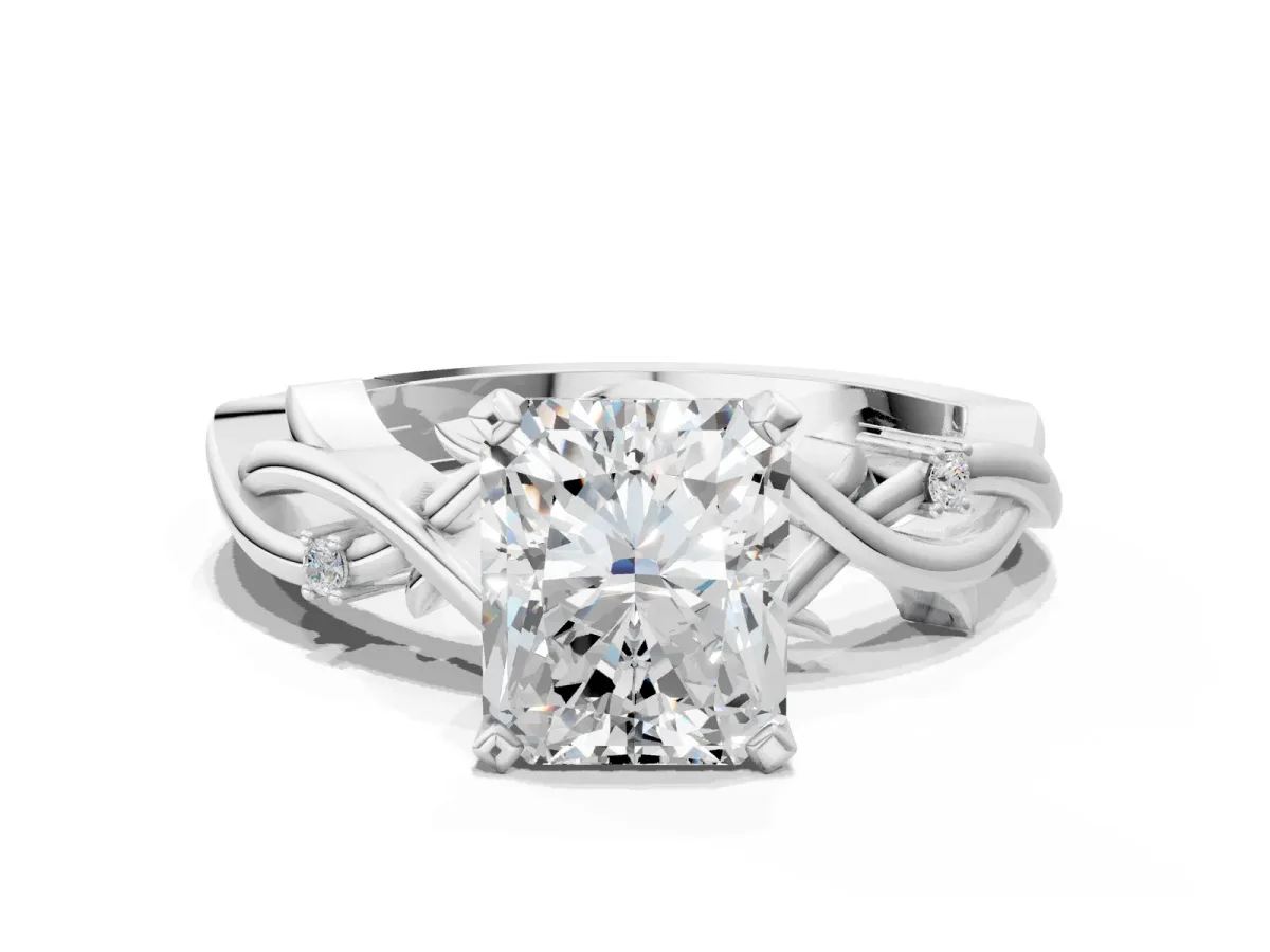 Radiant Cut Diamond Solitaire Ring with Twisted Band and Prong Setting White gold