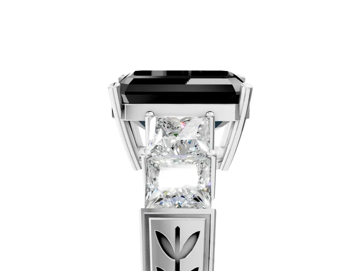 Fancy Black Emerald Cut Solitaire Princess Side Stone Engraved Band Prong Setting Ring Silver