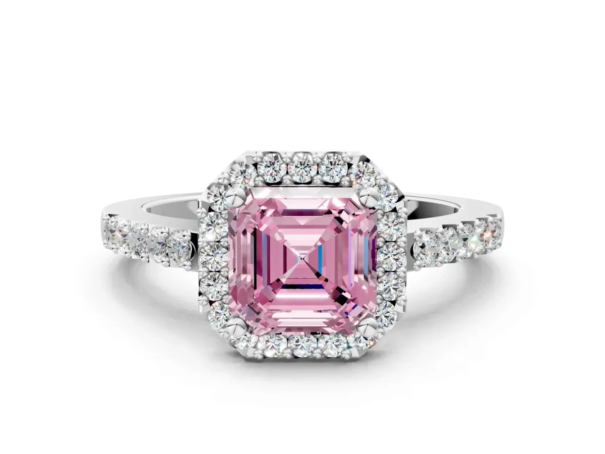 Fancy Pink Asscher Cut Halo Diamond Pavé Solitaire Ring Platinum