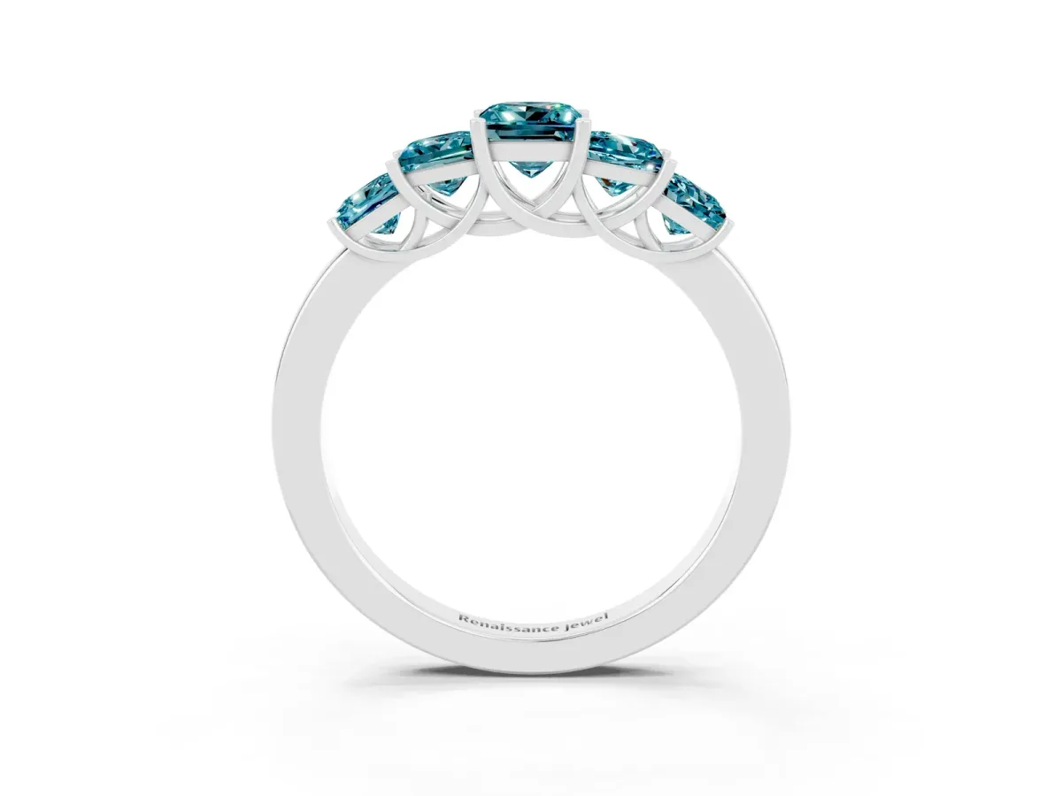 Princess Cut Five-Stone Blue Topaz Ring with Classic Prong Setting Platinum
