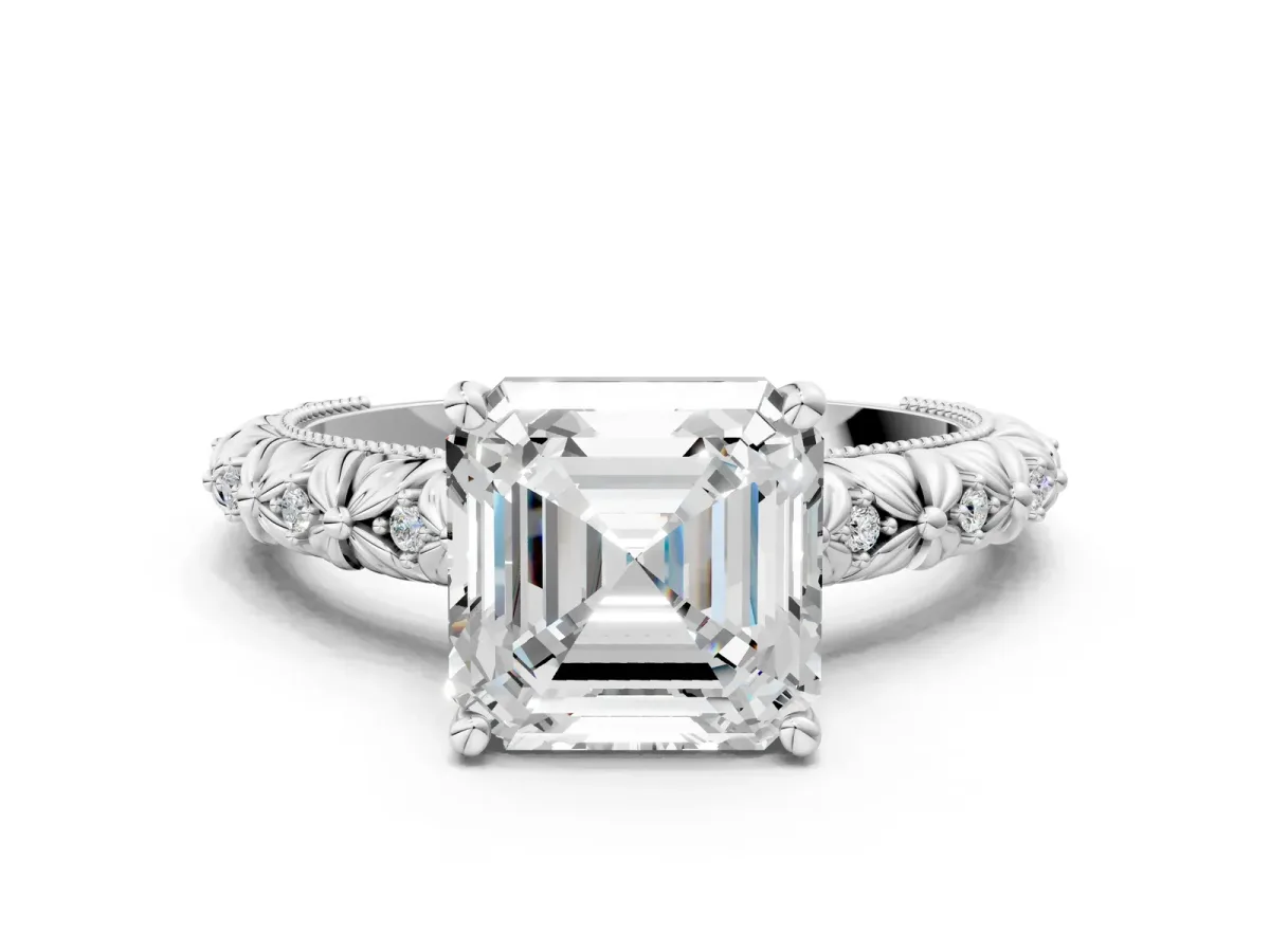 Asscher Cut Solitaire Floral Milgrain Engagement Ring Platinum