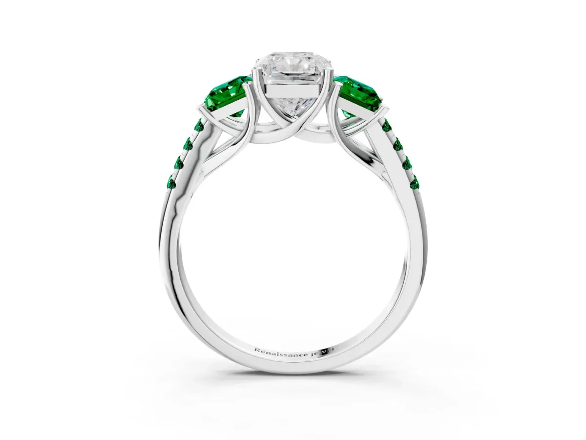 Three-Stone Radiant Cut Diamond Ring with Round Emerald Pavé Band and Prong Setting Silver