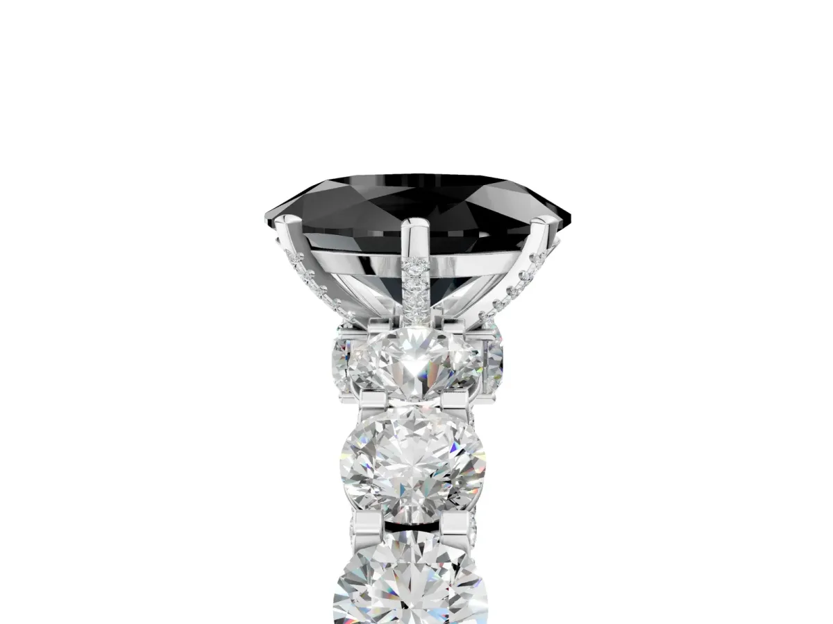 Fancy Black Oval Cut Diamond Side Stone Engagement Ring with Four-Prong Setting White gold