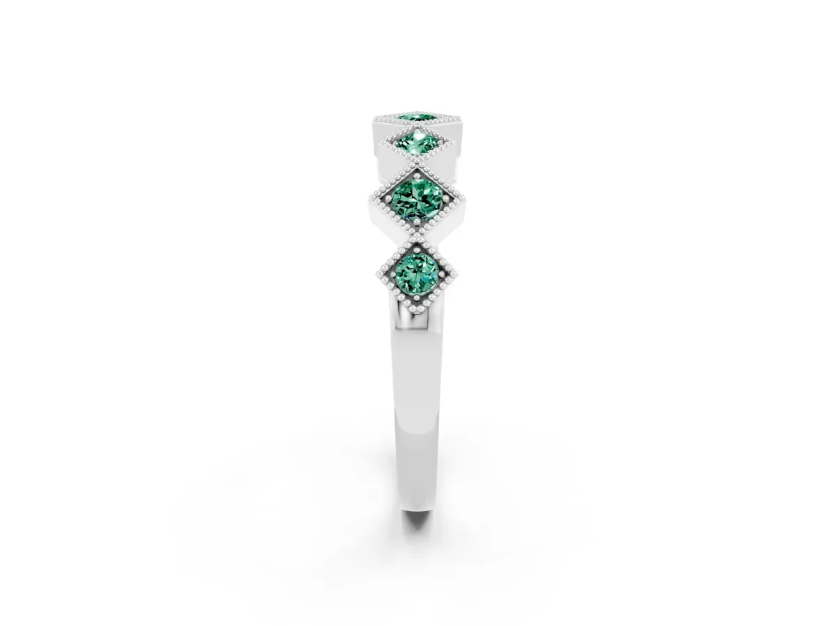 Milgrain Square Bezel Round Green Sapphire Chevron Band Silver