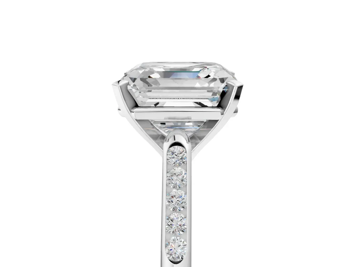 Asscher Cut Diamond Solitaire Ring with Channel Set Round Band and Prong Setting Silver