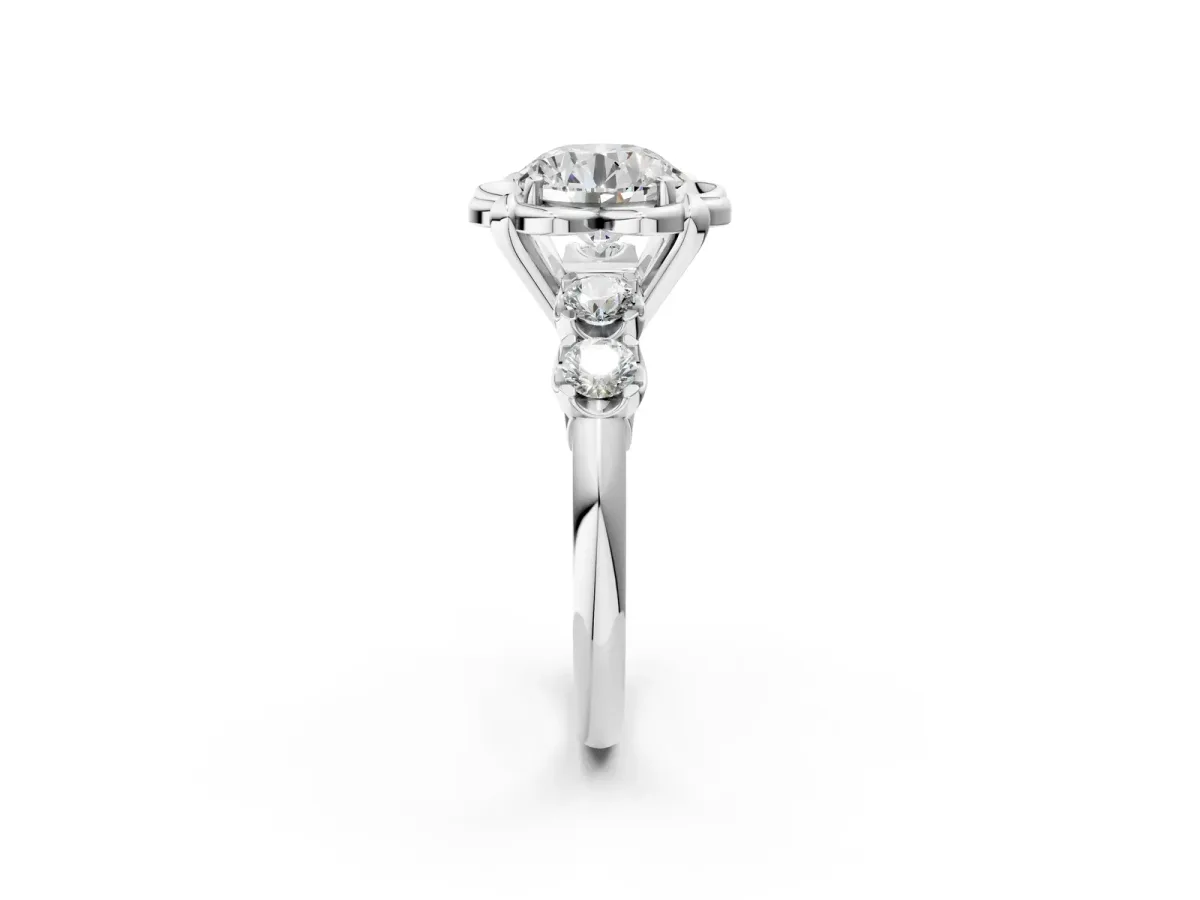 Round Cut Cut Diamond Floral Halo Engagement Ring with Shared Prong Setting Platinum