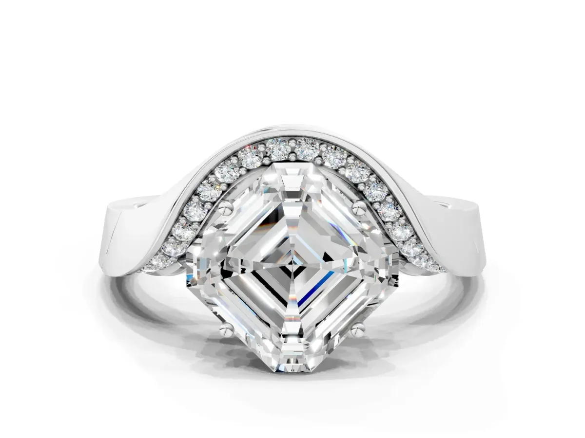Asscher Cut Solitaire Diamond Engagement Ring with Pave Band and Four-Prong Setting Silver