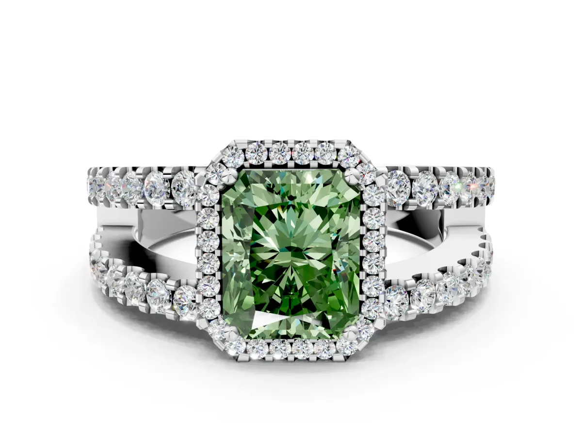 Fancy Green Radiant Cut Cut Halo Split Shank Diamond Ring with Four-Prong Setting Platinum