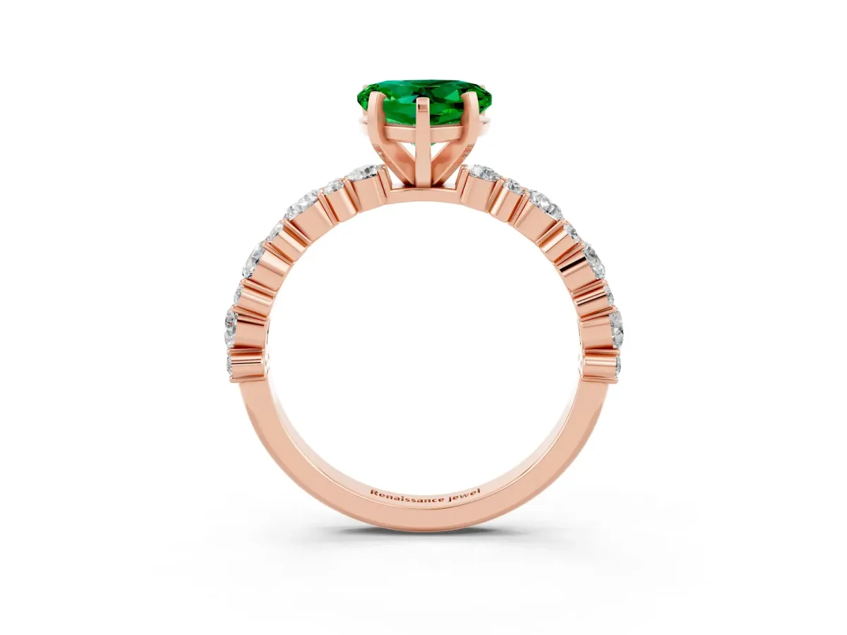 Heart Cut Emerald Side Stone Solitaire Ring with Round and Four-Prong Setting Rose gold