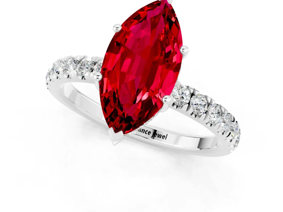Marquise Cut Ruby Pave Band Solitaire Ring with Round and Prong Setting Silver
