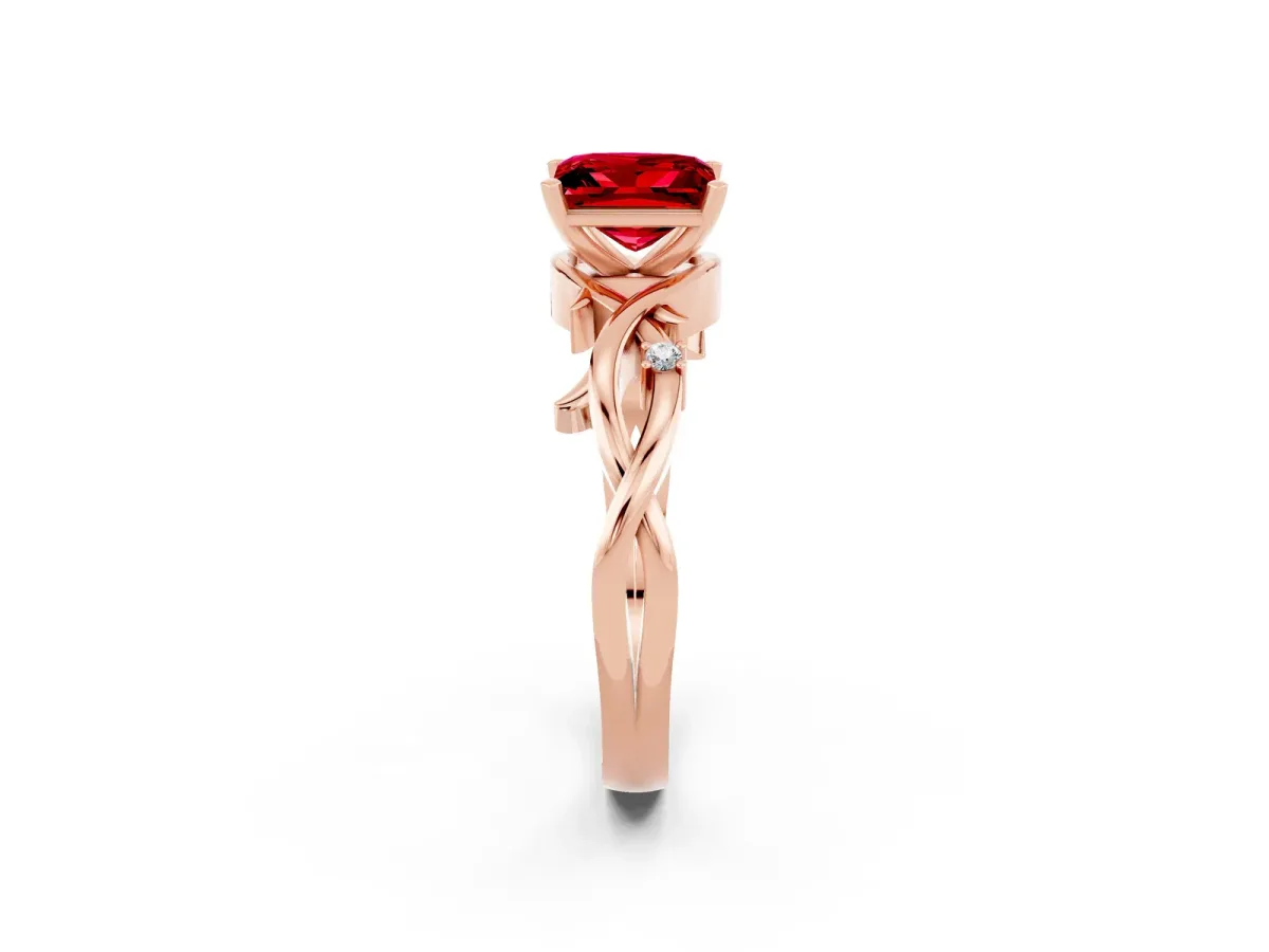 Princess Cut Ruby Solitaire Ring with Twisted Band and Prong Setting Rose gold