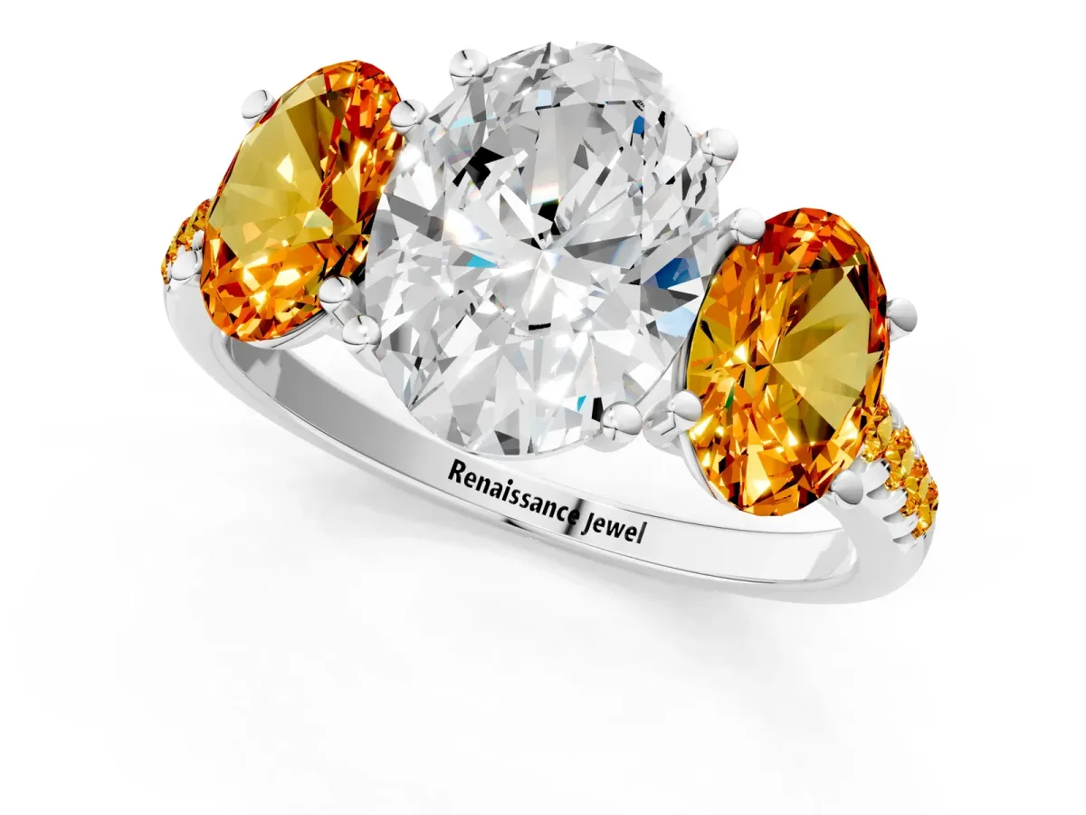 Three-Stone Oval Cut Diamond Ring with Round Citrine Pavé Band and Prong Setting Platinum