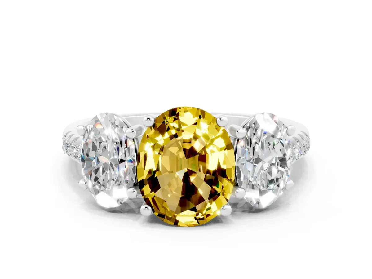 Three-Stone Oval Cut Yellow Sapphire Ring with Round Pavé Band and Prong Setting Silver