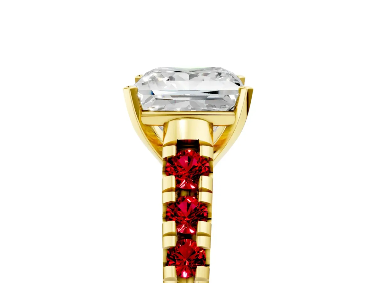 Princess Cut Diamond Cathedral Solitaire Ring with Round Ruby Pavé Band Yellow gold