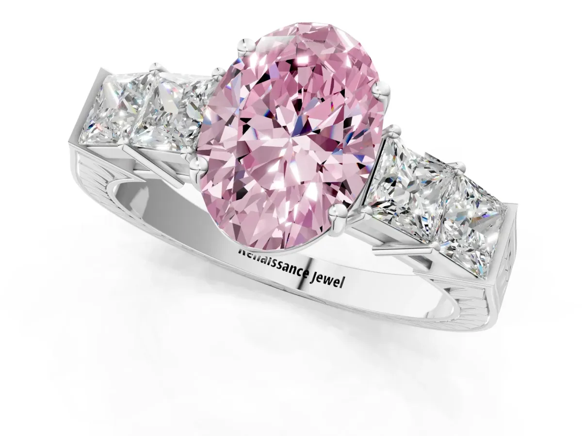 Fancy Pink Oval Cut Solitaire Princess Side Stone Engraved Band Prong Setting Ring Platinum