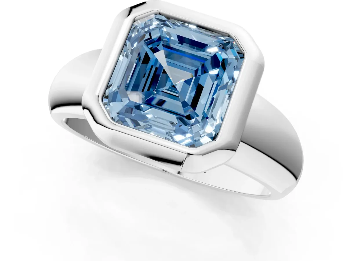 Fancy Blue Bezel Set Asscher Cut Solitaire Ring with Wide Band Platinum