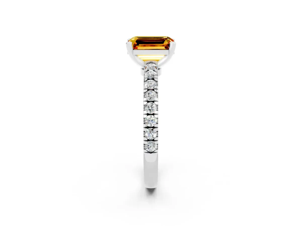 Emerald Cut Solitaire Citrine with Pavé Band and Four-Prong Setting Silver
