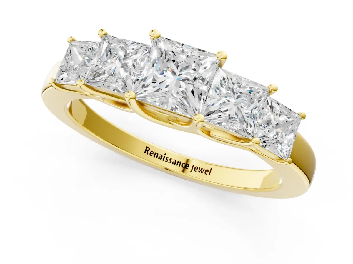 Princess Cut Five-Stone Diamond Ring with Classic Prong Setting Yellow gold
