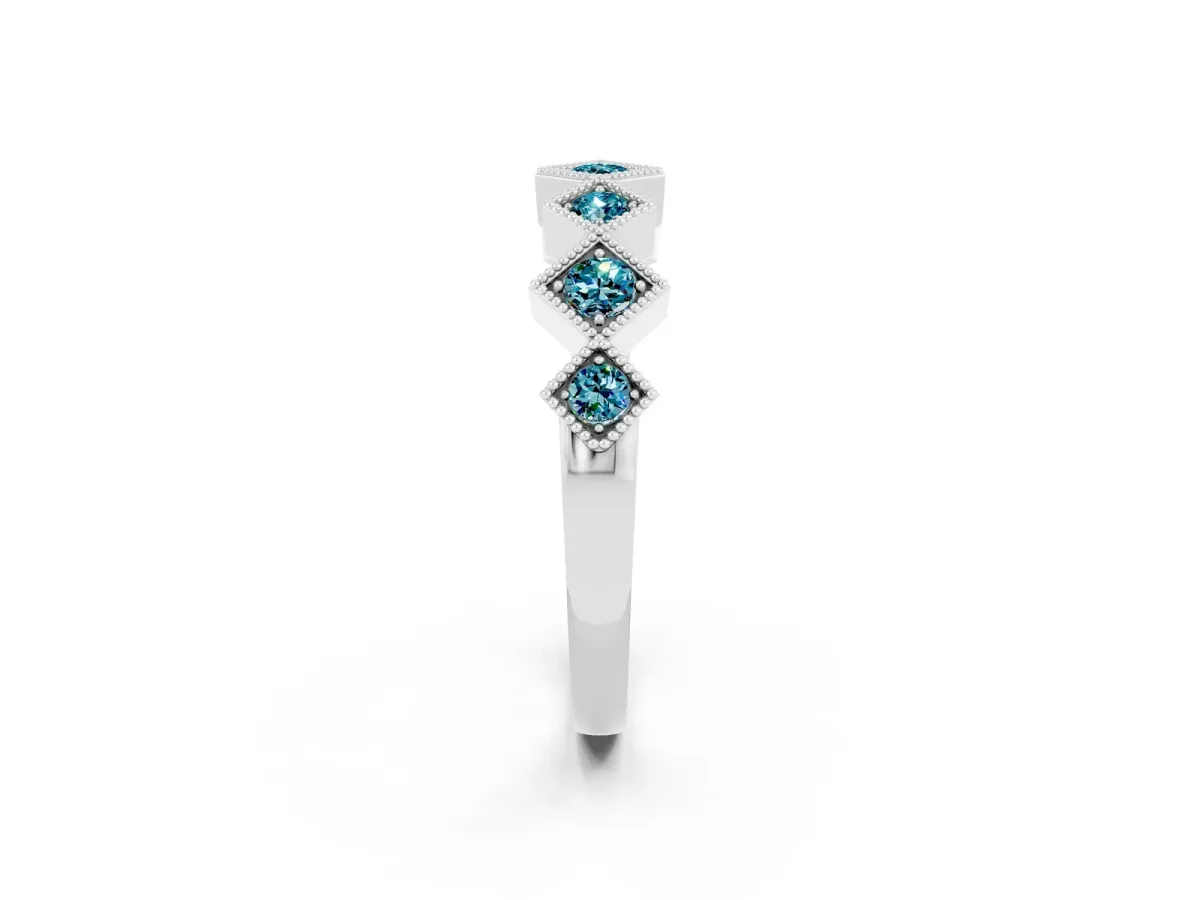 Milgrain Square Bezel Round Blue Topaz Chevron Band White gold