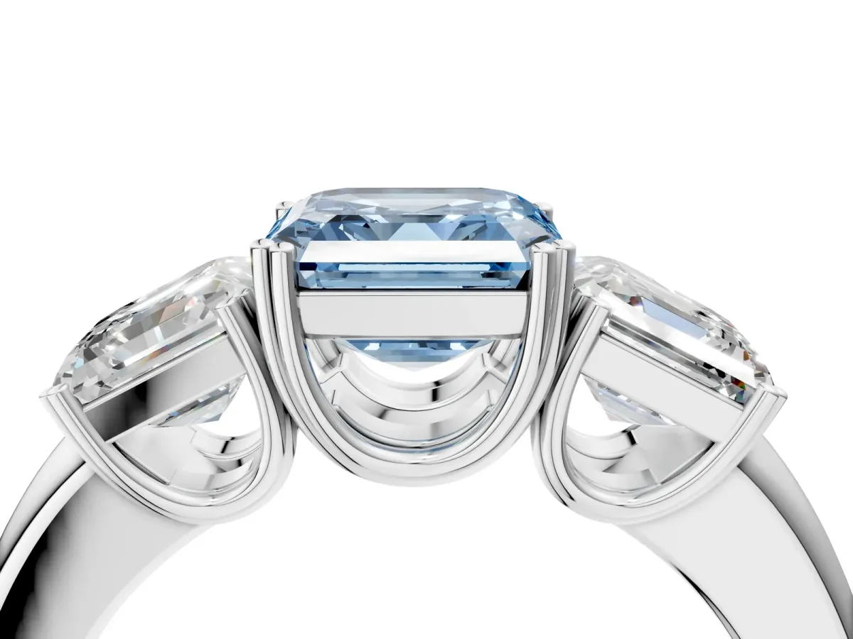 Fancy Blue Three-Stone Asscher Cut Cut Diamond Ring with Channel Set Band and Four-Prong Setting Silver