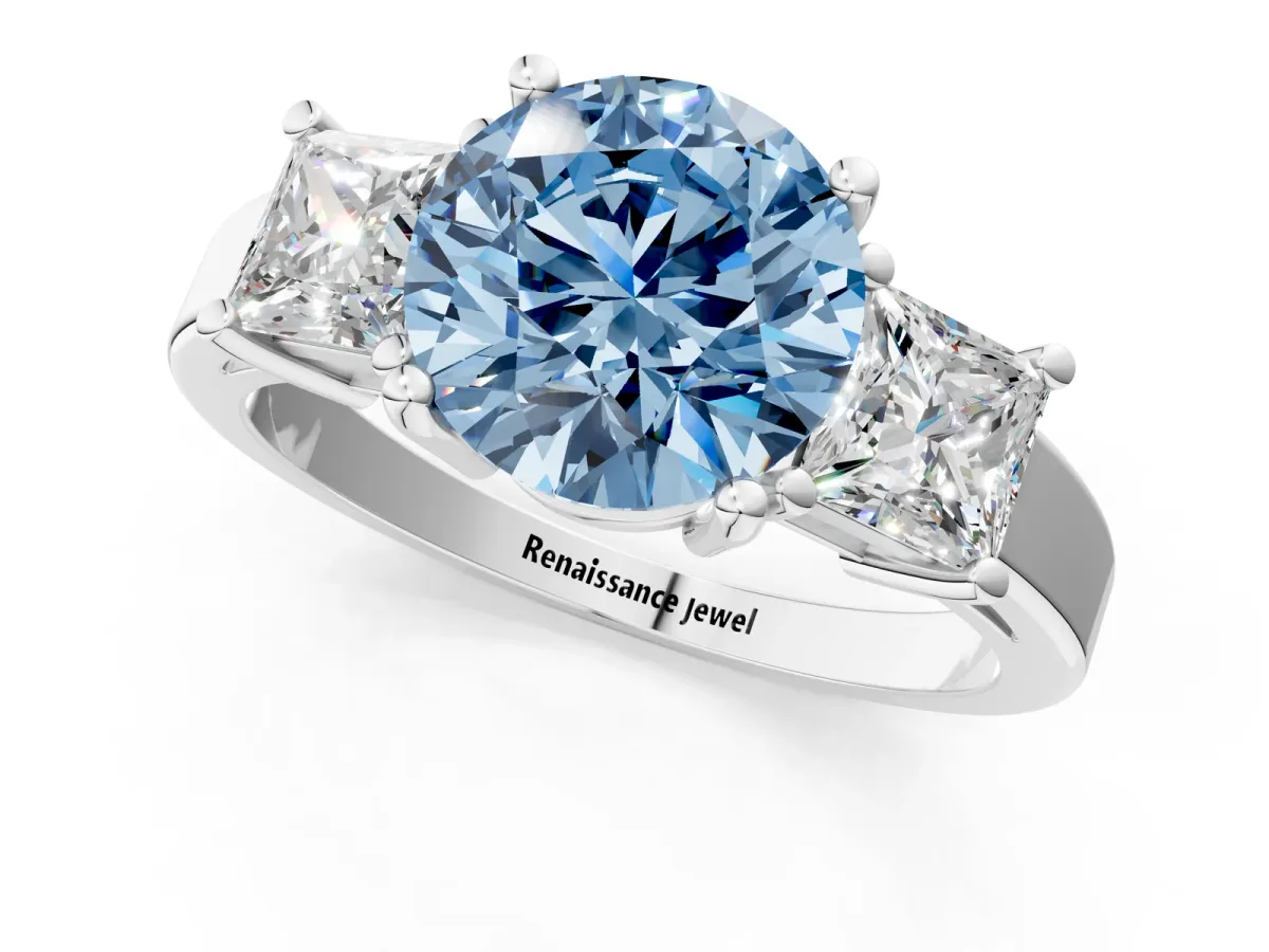 Fancy Blue Three-Stone Round Cut Cut Solitaire Ring with Prong Setting White gold