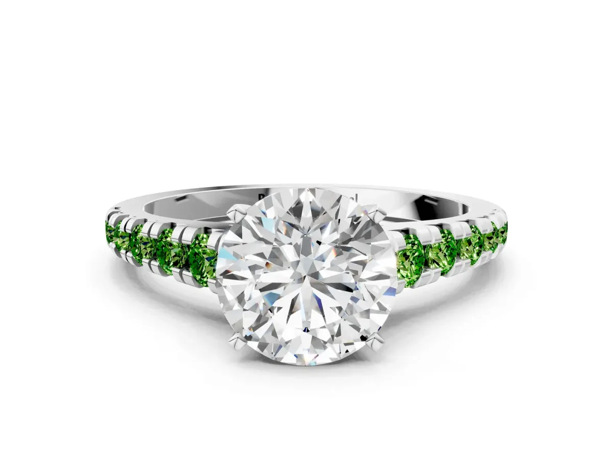 Round Cut Diamond Cathedral Solitaire Ring with Round Peridot Pavé Band Silver