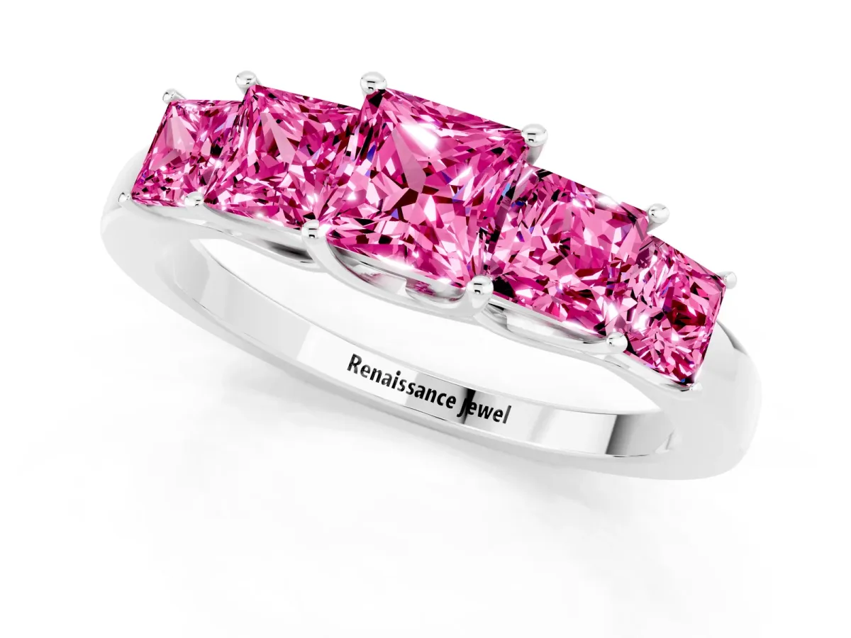 Princess Cut Five-Stone Pink Sapphire Ring with Classic Prong Setting Platinum